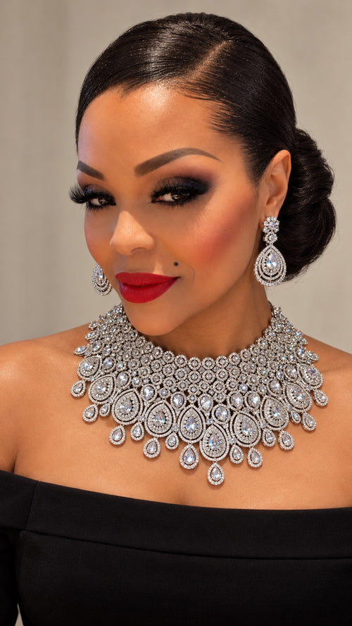 Model wearing the Éclat Impérial necklace and matching earrings