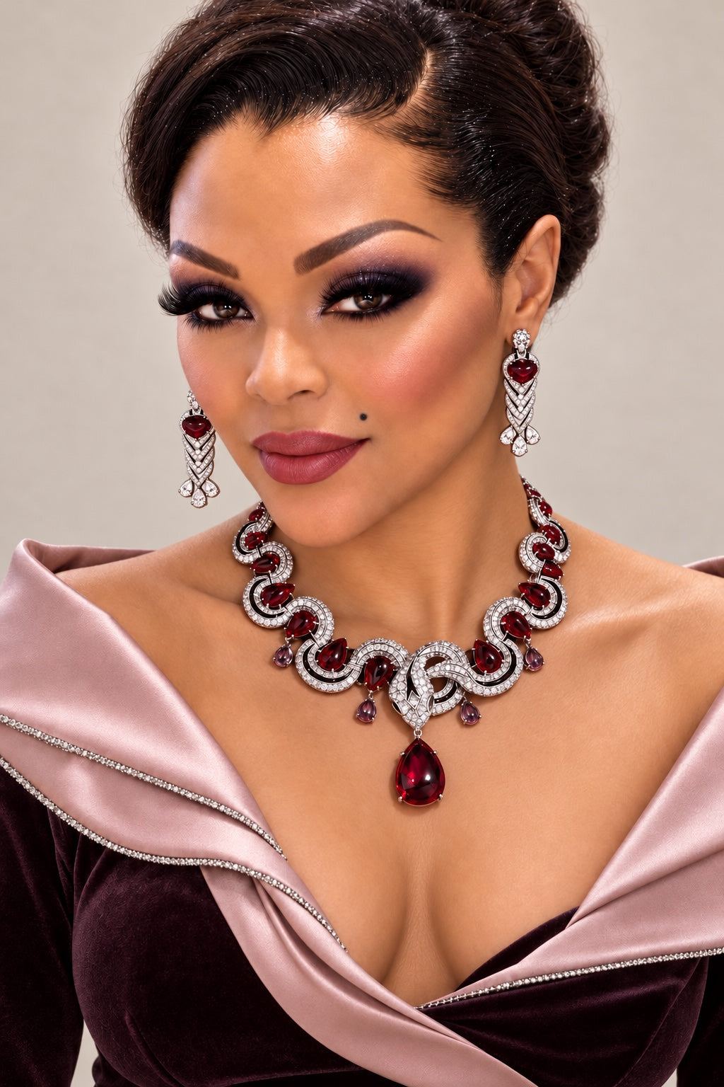 Model wearing the deep red Éclat Royal statement jewelry set