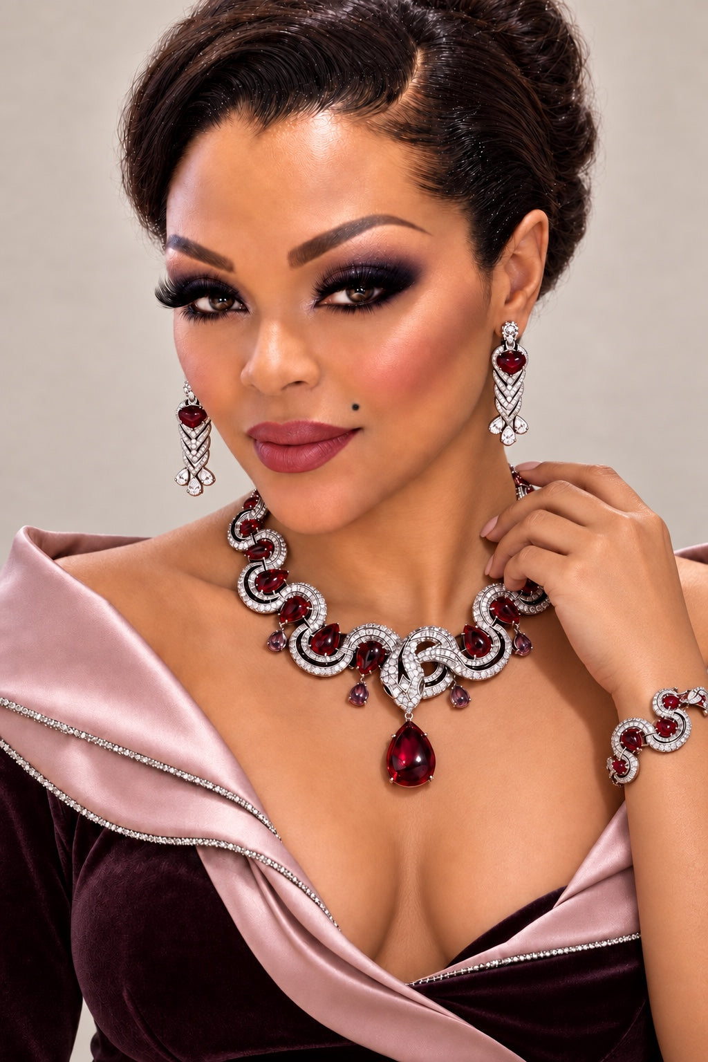 Model wearing the deep red Éclat Royal necklace, earrings and bracelet set